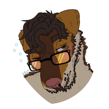 Digital, flat colored headshot of a sleepy-cute Wolly, a Wire Fox Terrier. He’s mostly facing left, with his head tilted down, his right eye closed, his left eye sleepily half open while glancing off to the right. He’s got a wavy mop of dark brown hair, fo