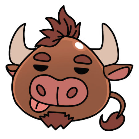 Slime version of EllieOnDaTelly based on slimes from Slime Rancher. He’s orb shaped but with a wavy tuft of brown hair on top, two cream-colored right-angle cattle horns pointed up, two cow ears pointing out underneath the horns, and a white highlight on h