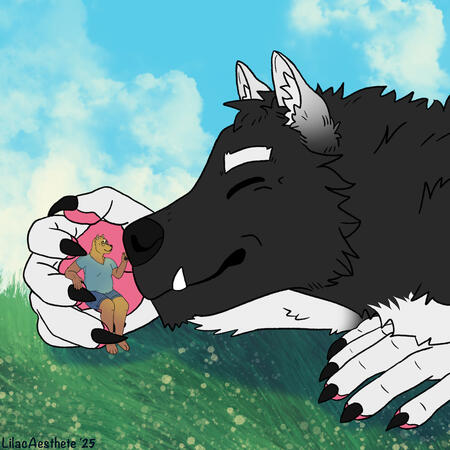 Digital drawing of a giant black and white wolf furry gently stretching his muzzle out to a smaller brown dog furry who is sitting back in the larger wolf’s hand. The large wolf has white hands with pink paw pads, a thick white brow, and white ears that gr