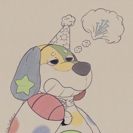 Digital sketch of a colorful plush dog character named Crayoncakes. The drawing is done with some color, so not everything is colored in. He’s half lidded, looking to the right, with a big bappy paw lifted to his chin as he daydreams of (metal) nails, wear