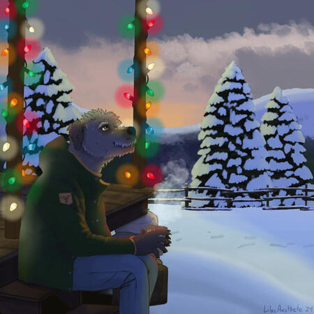 Winter scene of an furry dog sitting on a porch looking out at a mountain landscape. The dog is an Irish wolfhound, wearing a dark green jacket and jeans, sitting on steps, holding a handmade mug while their arms rest on his legs. The rustic porch behind h