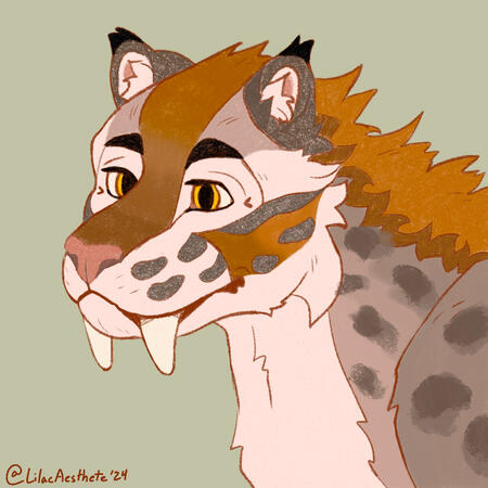 Sketchy drawing of an anthropomorphic sabertooth tiger in a reddish brown pencil. They’re facing to the left with a relaxed but happy expression. They have dark colored ears with tufts on top, smooth, dark brows, and shaded spots along their cheek into the