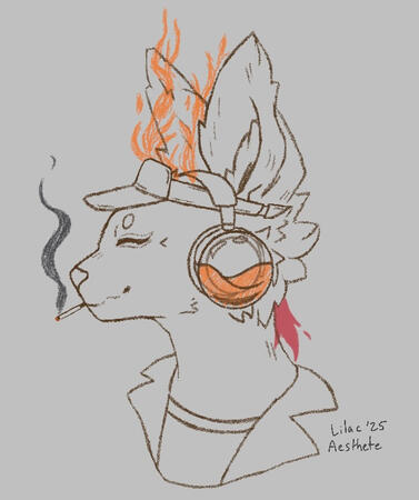Digital sketch of an anthropomorphic fox-like cat character, facing left. Their face is angular, have closed, eyeliner shaped eyes, and circular eyebrow. They have two large fluffy ears, are wearing a set of headphones over top of a visor, and are smoking