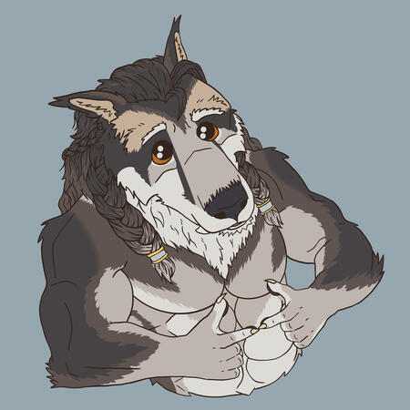 Digital half body art of a big werewolf with cute big eyes with his fingers pointed together in front of him. The angle from above gives him a big nose and head. He has shades of brown, grey, and cream, with orange eyes, two big braids hanging down on rath