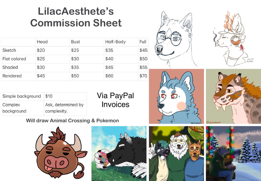 A commission sheet containing tables and text information to the left and art examples to the right, with two extra examples beneath the text. LilacAesthete’s Commission Sheet. The first table is 5 by 5. The second row from the top starts the first column: